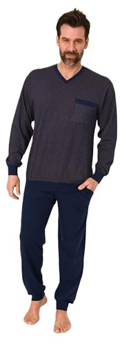Normann Herren Schlafanzug lang mit Bündchen - Pyjama im edlen Minimal-Print und V-Hals
