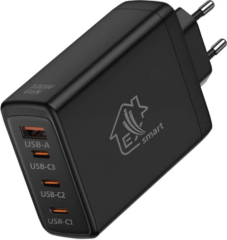 Extralink Cargador rápido Smart Life, Cargador USB C/A, Enchufe USB 100W GAN, Cargador USB 240V, Adaptador, Varios Dispositivos simultáneamente, 3X USB-C, USB-A, Teléfono Móvil Enchufe USB C