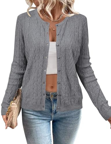 Arach&Cloz Damen Strickjacke Leichte Langarm Rundhals Ausschnitt Cardigan Früling Sommer Strickpullover mit Knopf
