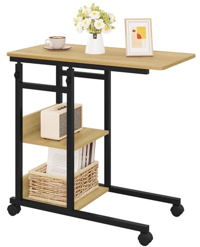 WOLTU Beistelltisch Couchtisch Sofatisch Wohnzimmertisch Laptoptisch Betttisch, C-förmig höhenverstellbar, mit Rollen, aus Metall Holzwerkstoff, helle Eiche + Schwar, BTS08hei