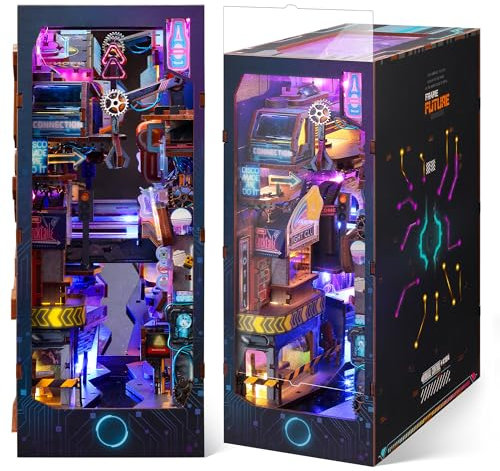 FUNPOLA Puzzle 3D en Bois Book Nook Kit, Maquette en Bois à Construire Étagère à Livres Miniature futuriste avec lumières LED, DIY 3D Puzzle Cyberpunk pour Adultes (Dimensions infinies)