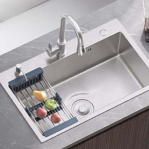 Rivorne Fregadero De Cocina De Acero Inoxidable 304, Fregadero Grande De Un Solo Tazón con Escurridor Engrosado/Cesta Ajustable/Tubo De Drenaje para Barra De Cocina Y Hogar, 75 X 40 Cm.(75 * 40cm)
