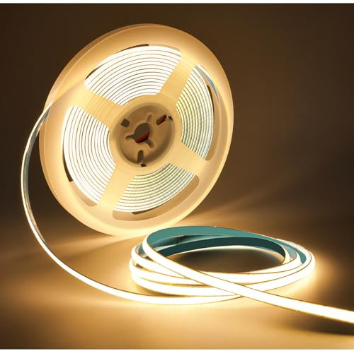 Tesfish LED Streifen Lichts 5V, 5mm Breit Ultra Schmal Band COB Warmweiß 3000K 5 Meter 400 LEDs/M Insgesamt 2000 LEDs Neon Licht Lichtleisten Leiste für Party, Theke, Regal, Wohnkultu