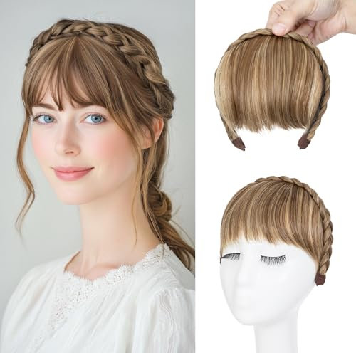 S-noilite Stirnband mit Pony Fransen, Front Haar Pony Perücken Stirnband, Synthetische geflochtene Stirnband Perücke Haarverlängerungen Haarteil,Goldbraun mix Babyblond