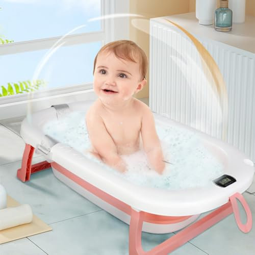 Grand Baignoire Pliable Bébé avec Thermomètre à eau, Rince Tete Bebe pour bébé convient aux nouveau-nés aux tout-petits famille, voyage-80 * 50 * 23-rose