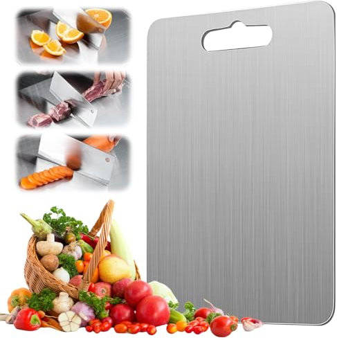 SPORWAY Tabla de cortar de acero inoxidable: tablas de cortar de titanio de doble cara aptas para alimentos, sin BPA, antibacterianas, para encimeras de cocina, cocina, exteriores