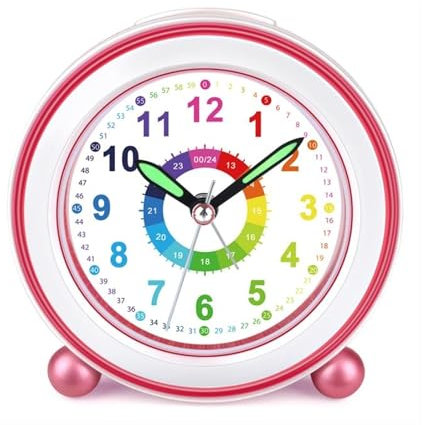 Ayybboo Wecker Kinder Ohne Ticken mit Snooze undNachtlicht,Kinderwecker Batteriebetrieben Lemwecker fürJungen und Madchen,Quarz Analog Wecker fur Kinder (Dunkelrosa)