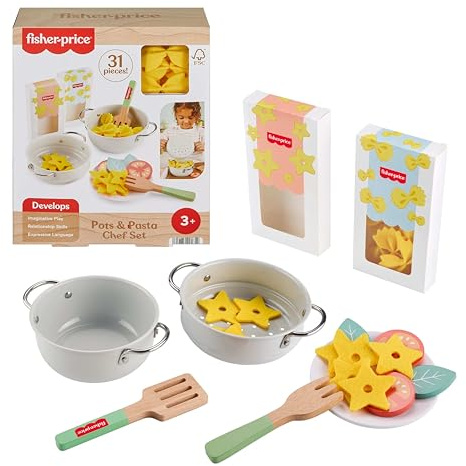 Fisher-Price Wood Pretend Cooking Set, Pots & Pasta Chef, 31 Pieces Play Food & Wooden Utensils for Preschool Kids Ages 3+ Years