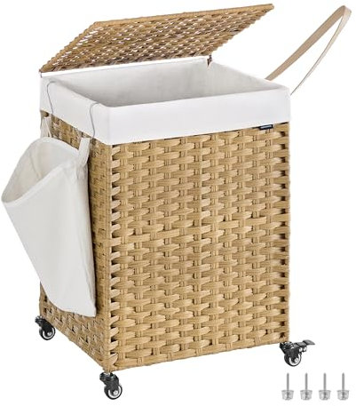 SONGMICS Laundry Basket with Lid, 120 L, Rolling Laundry Hamper with Wheels, Synthetic Rattan, Removable Liner, for Laundry Room, Bedroom, 46 x 40 x 66 cm, Natural LCB161Y01