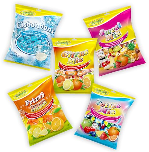 Woogie Bonbon 5er Mischkarton 745g – Süßigkeiten-Box mit Sweet Mix, Toffee-Kaubonbons, Frizzy Orange & Lemon, Eis-Bonbons und Citrus Mix – Bunte Bonbonmischung Großpackung für Karneval, Partys & mehr