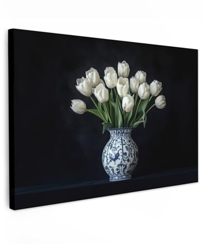 MuchoWow© Wandbilder 60x40 cm Schlafzimmer Home Deko Wohnung Bild Wohnzimmer Fotoleinwand Wand Bilder Leinwand Wall Decor Weiß - Blumen - Tulpen - Vase