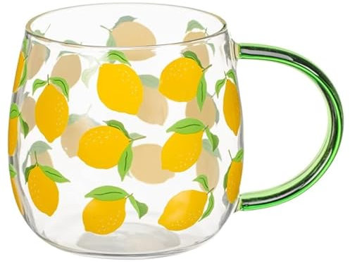New Stunning Glass Mug Lemon Design with Green Handle Tea Coffee Mug Drinking Cup Add a Pop of Color to Your Kitchen Great for Coffee or Tea Enthusiasts -A63