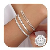 CASSIECA 3Pcs Bracelets for Womens Girls 925 Sterling Silver Bracelet | Silver Bracelet for Women Dainty Ladies Bracelets Set Adjustable Stackable Double-Layered Beads Snake Link Chain Bracelet