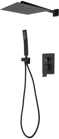 Grifo de ducha empotrado, 30 x 30 cm, sistema de ducha con termostato, empotrable, sistema de ducha de lluvia, rectangular, color negro