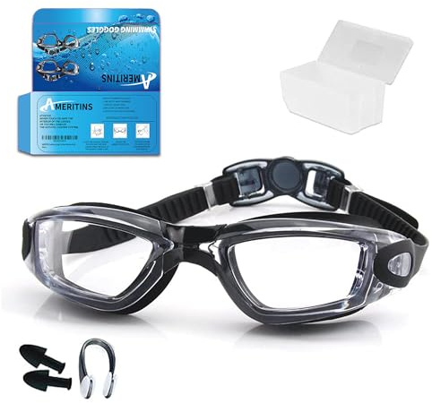 AMERITINS Swimming Goggles Pack of 1, Anti-Fog Googles Swimming Adults, Anti-Leak UV Protection Crystal Clear Vision with Free Protection Case, Nose Clips & Earplus Suitable for Adults & Kids