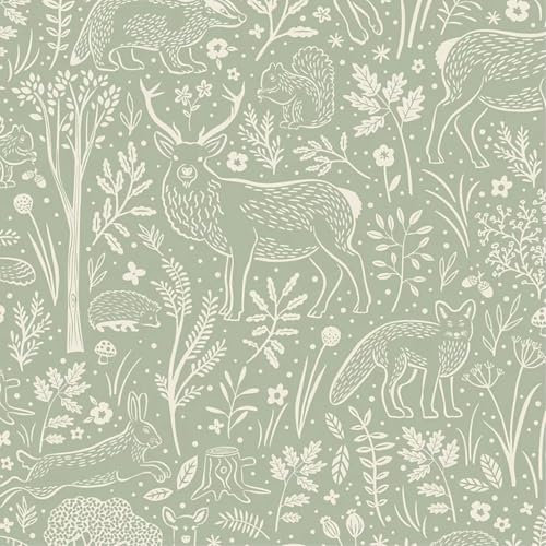 Little Dreamers Sage Green - Woodland Forest Animals Creatures - Nursery Bedroom Decor - Scrubbable Strippable Structured Vinyl - Paste The Wall Easy Install - Serene Whimsical
