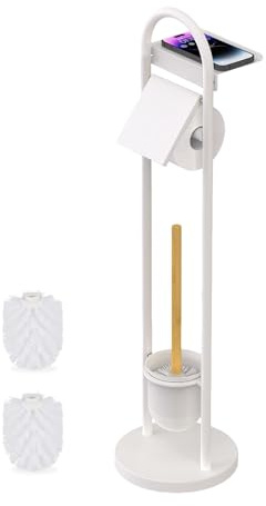 Relaxdays toilet set, HxWxD: 79 x 21.5 x 21.5 cm, freestanding toilet paper holder with shelf & brush, white/natural