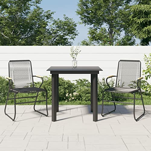 Qnhdfrt Garten Essgruppe Schwarz 3 teilig mit PVC Rattan und Glas Tisch Outdoor Set für Terrasse Balkon Garten
