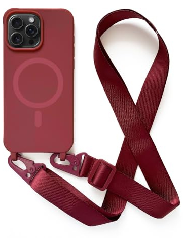 Leather Armor Handykette Hülle für iPhone 16 Pro (6.1) mit Band Halsband Lanyard (abnehmbar) Handyhülle, Verstellbarer Lanyard.Magnetisch Stoßfest Silikonhülle Wireless Charging kompatibel .-Rot
