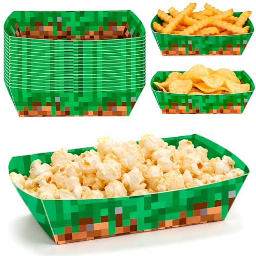 24 Stück Pixel-Motiv Pommes-Schalen, Wasserfest Fettdicht aus Braunem & Grünem Papier, Miner-Spiel Snackbox für Geburtstagsparty, Videospiel-Deko & Einweggeschirr für Heimkino und Kinderfeier
