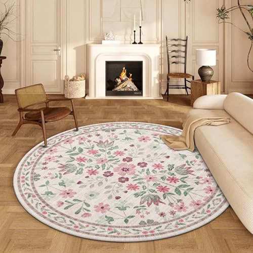 BYBSRLL Tappeto rotondo 120 cm, lavabile in lavatrice e antiscivolo, morbido tappeto rotondo vintage floreale bohémien, per soggiorno, camera da letto, cucina, asilo nido, ingresso, sala da pranzo