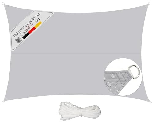 Sunula Toldo Vela Impermeable 4x5m Rectangular– PES 160g/m², con Cinta Perimetral y Anillas de Acero Inoxidable, Sellado de Costuras y Protección UV hasta 95%, para Balcón Terraza Jardín, Gris Claro