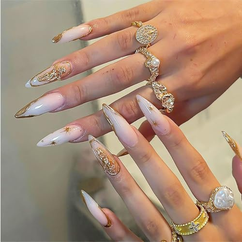 VelvetGlow Long Stiletto Nails avec pointe française, faux ongles blancs ombres avec motifs floraux en 3D dorés, faux ongles en forme d'amande, ongles acryliques scintillants pour femmes, 24 pièces