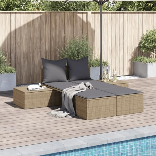Nqyjm Sonnenliege, Doppelliege mit Kissen, Beige, Polyrattan, Strandliege, Relax, Outdoor, für Garten, Terrasse, Balkon, Camping, Modell 1