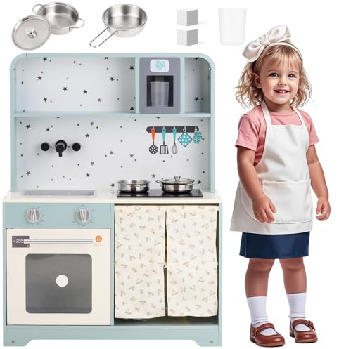 Cuisine de jeu en bois pour enfants à partir de 3 ans avec sorbetière et micro-ondes pour enfants à partir de 3 ans : cuisine jouet bleue avec accessoires (casserole, poêle, glaçons), 60 x 29 x 81 cm