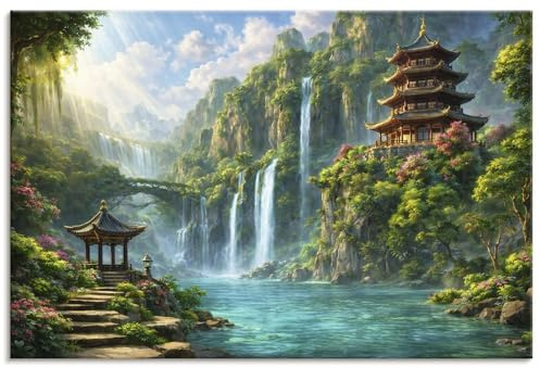 ARTLAND Wanddeko Leinwand Bilder Wandbild 120x80 cm Wasserfall Natur Landschaft Pagode asiatische Tempel Fantasy Aesthetic U6BY
