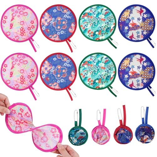 Leikedun 8 Pack Foldable Hand Fan, Pop Up Fan Round Handheld Fan Folding | Compact Portable Fold Up Handheld Fan Cooling Fan with Floral Japanese Pattern for Summer Travel Wedding Party Outdoor