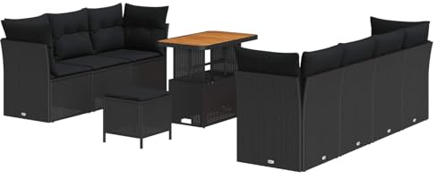 Foknhdi Garten-Sofa-Set Schwarz 10-Teilig Poly-Rattan Eckbank Mittelbank Hocker Tisch Modernes Design Robustes Stahlgestell für Terrasse Balkon Klein und Groß