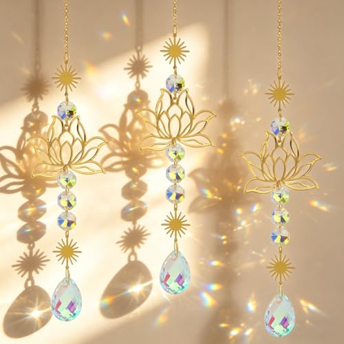 LEIMEND 3 Pezzi Acchiappasole Cristallo Acchiappa Sole Fiore di Loto | Acchiappasole da Appendere Pendenti Prismi Cristallo Sun Catcher Adatto per la Casa il Balcone I'ufficio e il Giardino