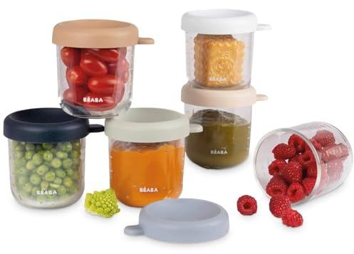 BÉABA, Set mit 6 Portionsgläsern zur Aufbewahrung von Babymahlzeiten, bruchsicheres Glas, 100% auslaufsicher, hitze- und kältebeständig, gefriergeeignet, sterilisierbar, Skala, 250 ml, Natural