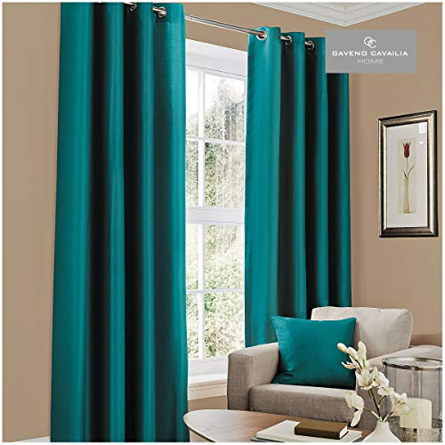 Gaveno Cavailia Luxury Fully Lined Plain FAUX SILK EYELET CURTAINS With Tie Backs Teal 90x108 Inches, 31083757