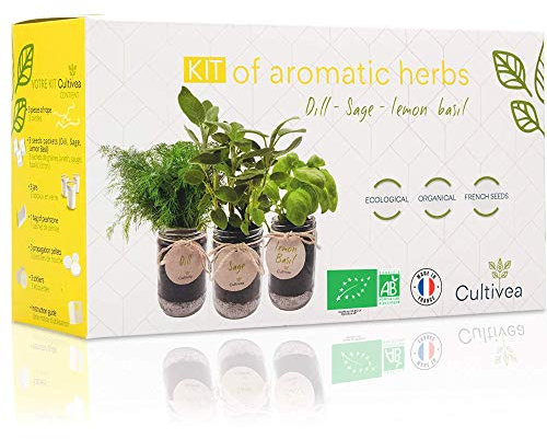 Cultivea® Kit completo de hierbas - Cultiva tus propias hierbas aromáticas - 100% ecológicas: semillas orgánicas - Decora tu hogar con un huerto urbano. (Eneldo, Salvia, Albahaca Limón)