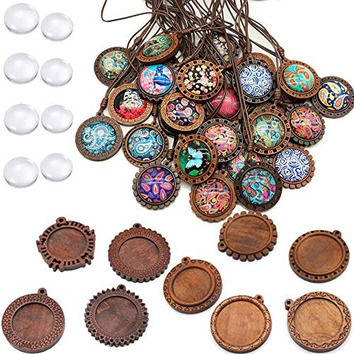DAHI 36 stk Rund Anhänger Tablett Lünette aus holz mit Glas Cabochon Retro Glaskuppel Bastelset für DIY Souvenir Dild Medaillon Halskette Geschenk Schmuckherstellung