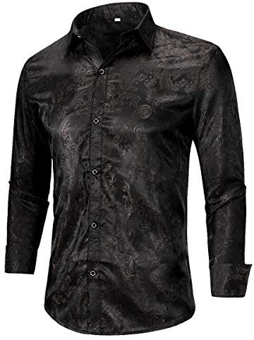 Allthemen Men's Paisley Shirt Jacquard Silk Shirts for Men Dress Shirts Long Sleeve Button Down Collar Casual Tuxedo Shirts, Black, XXL