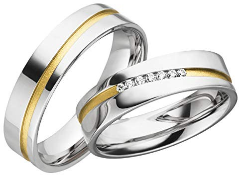 JC Trauringe Silber 925 Paarpreis Eheringe Gelbgold Weißgold Plattiert 5,50 mm breit I Partnerringe mit Gravur in edler Schatulle I 2 Hochzeitsringe Herrenring ohne & Damenring mit Steinen I LC132-P