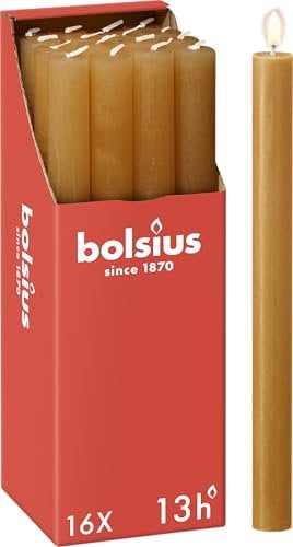 Bolsius - Rustik Stabkerzen- Ockergelb - 16 Stück - 27 x 2.3 cm - Länge Brenndauer 13 Stunden - Unparfümierte - Enthält Natürliches Pflanzenwachs - Ohne Palmöl
