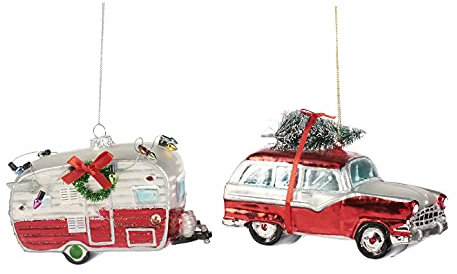 Goodwill 2 x Baumschmuck aus Glas für Auto und Wohnwagen, 14 cm, Rot / Weiß