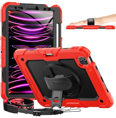 Timecity Case for iPad Pro 11 inch 2022/2021 (4th/ 3rd Generation), Shockproof Case with Screen Protector, Swivel Stand, Handle, Shoulder Strap, Pencil Holder Case for iPad Pro 14 Inch-Rod