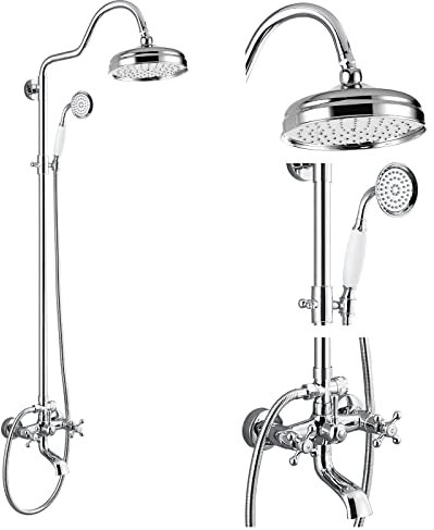 gotonovo Freiliegendes Badezimmer-Duschsystem, Vintage-Duscharmatur, 20,3 cm, Regenduschkopf, Handbrause-Wannenfüller, Messingrohr, 3-Funktions-Wandhalterung, doppelte Kreuzknöpfe, poliertes Chrom