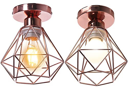 STOEX Plafonnier industrielle vintage design rétro cage en métal fer forge, Suspension luminaire E27 lampe de plafond diamant Ø16cm (2pcs Or rose)