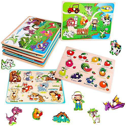 Wooden Peg Puzzles 6 Pcs Montessori Jigsaw Puzzle Board for Toddlers Farm Animals Ocean Traffic Shape Learning Early Educational Puzzles Toy Set Great Gift for 2 3 4 5 6 Years Old Boys Girls (Classic)