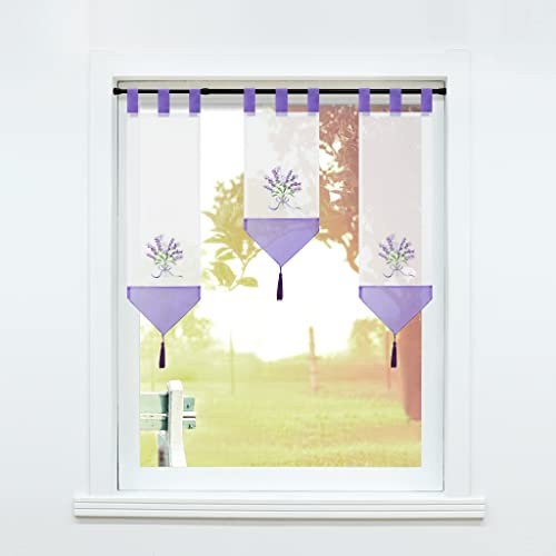 SCHOAL Scheibengardinen Set 3-teilig Bistrogardinen Küche Gardinen mit Schlaufen Panneaux mit Quaste Lamellen Gardine Transparent Vorhang Bestickt Lila 3 Stück (BxH20x50cm + BxH20x70cm*2)