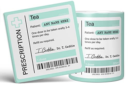 Mug Monster - Prescription for Tea Mug, Personalised Leaving Gift for Colleague - Ceramic Coffee Cup, Gift Men or Women, Extra Large and Giant Available, 11oz White & Coaster