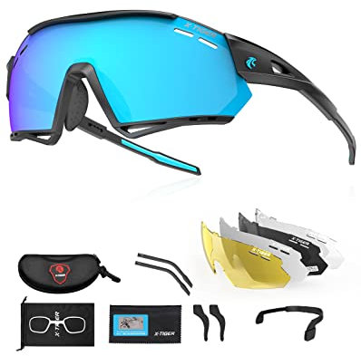 X-TIGER Fahrradbrille, UV400 mit 5 Wechselgläser,Herren Damen Sportbrille, Starker TR90 Frame,Outdoor-Sport/Radfahren/Laufen/Autofahren/Angeln/Golf
