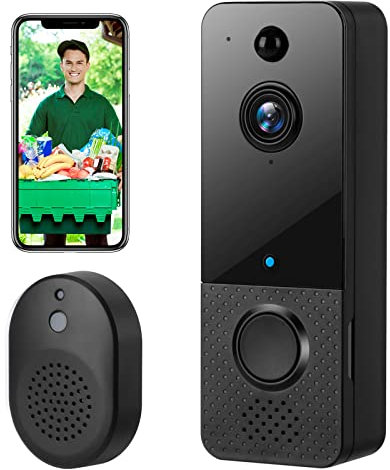 Sonnette Sans Fil avec Caméra,1080P WiFi Visiophone Sans Fil avec Carillon, Prise en Charge de La Vision Nocturne, Détection Des Piétons, Interphone Bidirectionnel, Cloude Stockage, IP65 Étanche