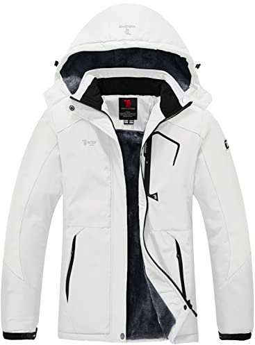 donhobo Womens Waterproof Jacket Winter Warm Fleece with Hood Windproof Camping Hiking Coat(White,XL)